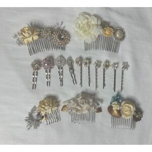 Hair Jewelry Combs Handmade Lot Of 15 Sparkle Prom Wedding‎ Ceramic Flowers